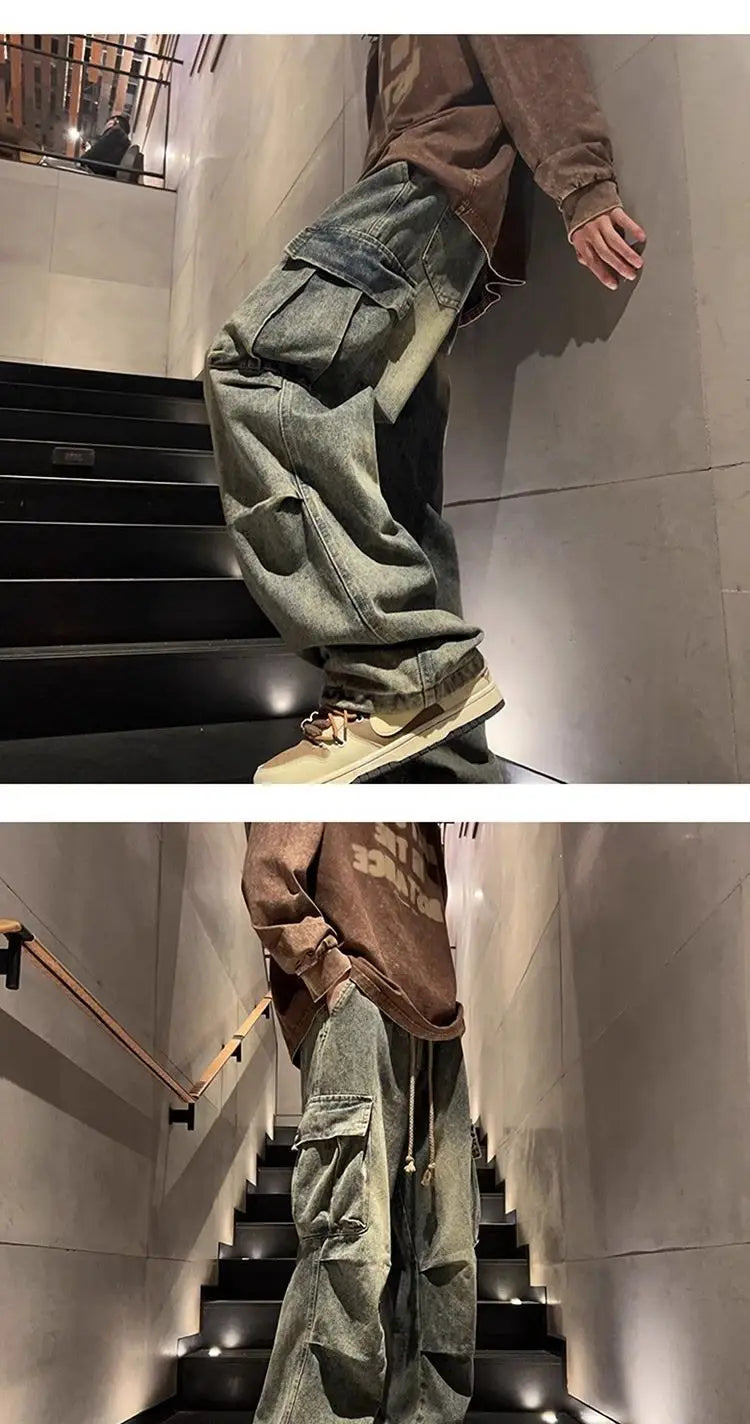 High street hip-hop men and women trendy personality large pocket straight leg washed denim jeans couple retro casual pants y2k