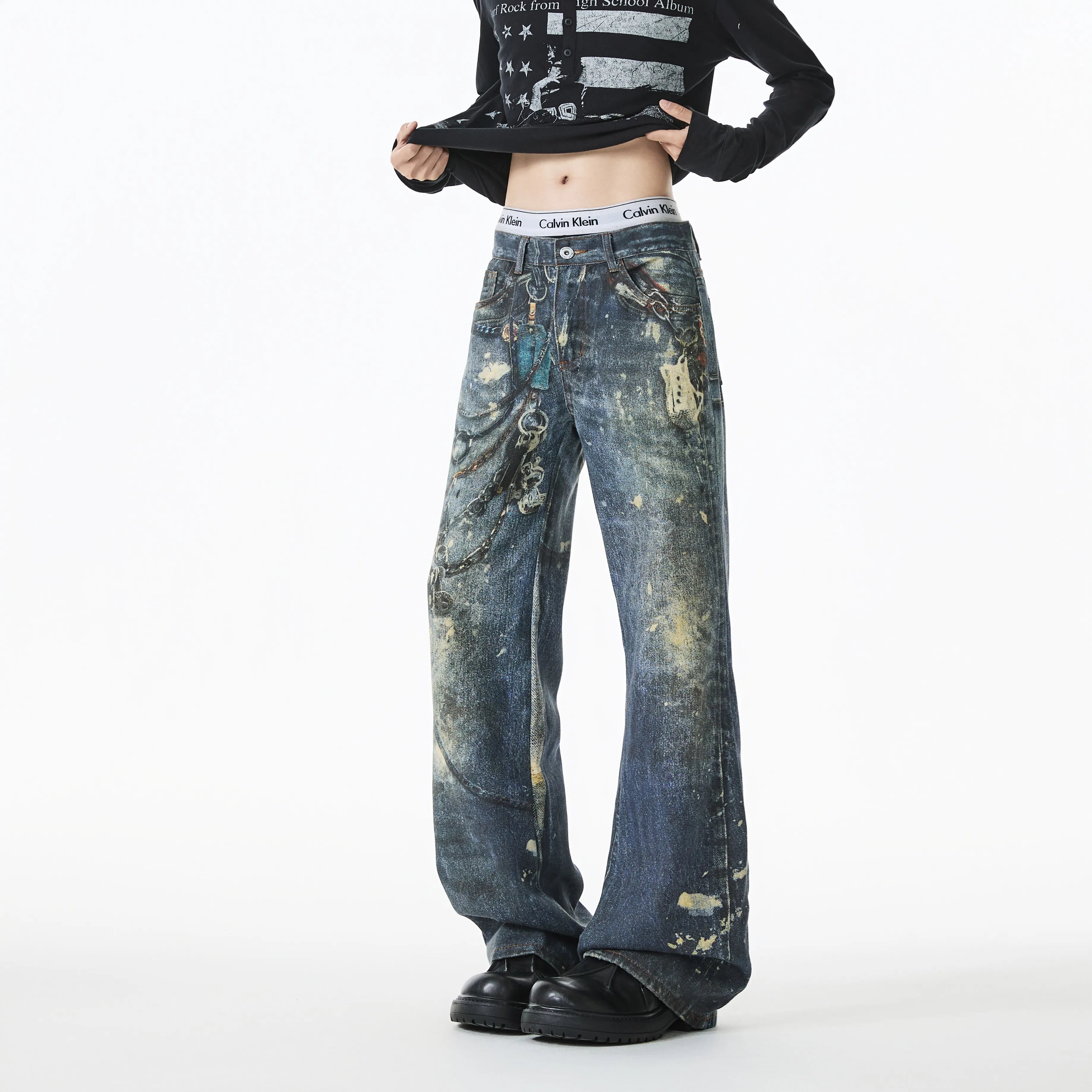 Jean Men Unique Design Graffiti Street Style Drag Jeans Urban Trendy Fashion Distressed Long Fit Casual Denim Pants Edgy Hip Hop