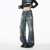Jean Men Unique Design Graffiti Street Style Drag Jeans Urban Trendy Fashion Distressed Long Fit Casual Denim Pants Edgy Hip Hop