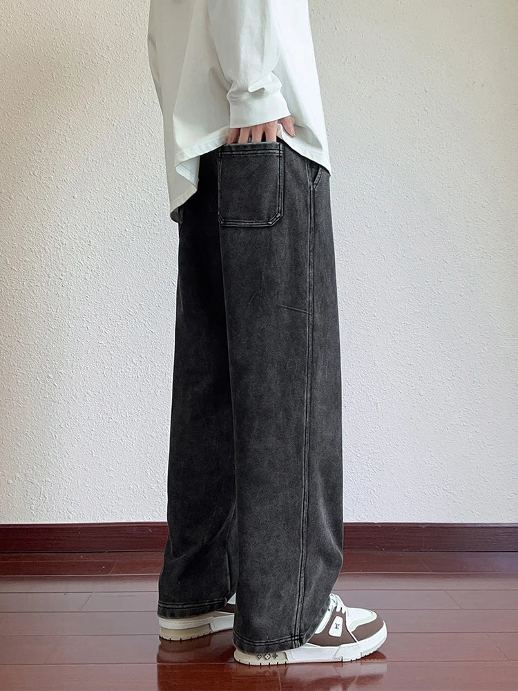 Mens Sweatpants High Street Acid Washed Cotton Elastic Waist Wide Leg Jogger Pants Drawstring Workout Long Pants