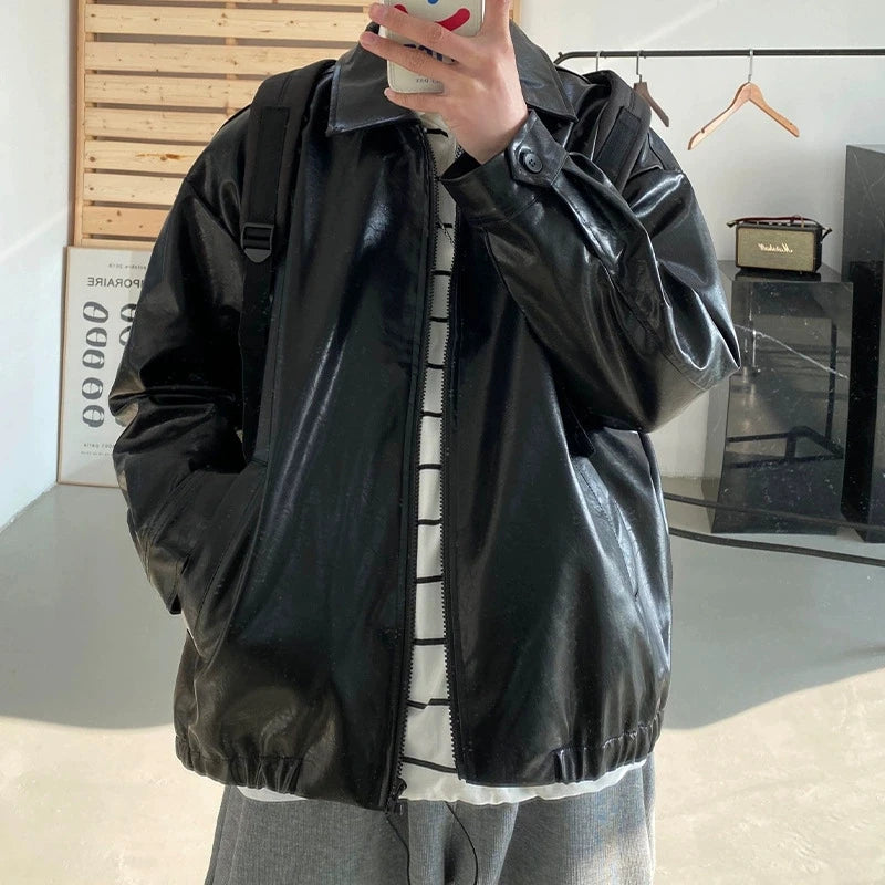 Autumn Street Trendy PU Leather Jacket Casual Textured Locomotive Zipper Turn-down Collar Solid Color Long Sleeve Men's Coats