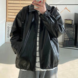 Autumn Street Trendy PU Leather Jacket Casual Textured Locomotive Zipper Turn-down Collar Solid Color Long Sleeve Men's Coats