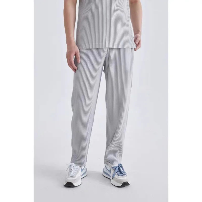 Summer Casual Pants Men Fashion Gray Black Pleated Pants Men Japanese Streetwear Loose Straight Pants Mens Ice Silk Trousers