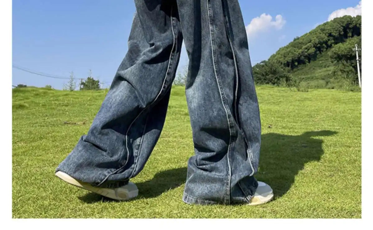 American High Street Jeans Men's Striped Patchwork Denim Pants Summer Loose Straight High-end Retro Versatile Wide-leg Trousers