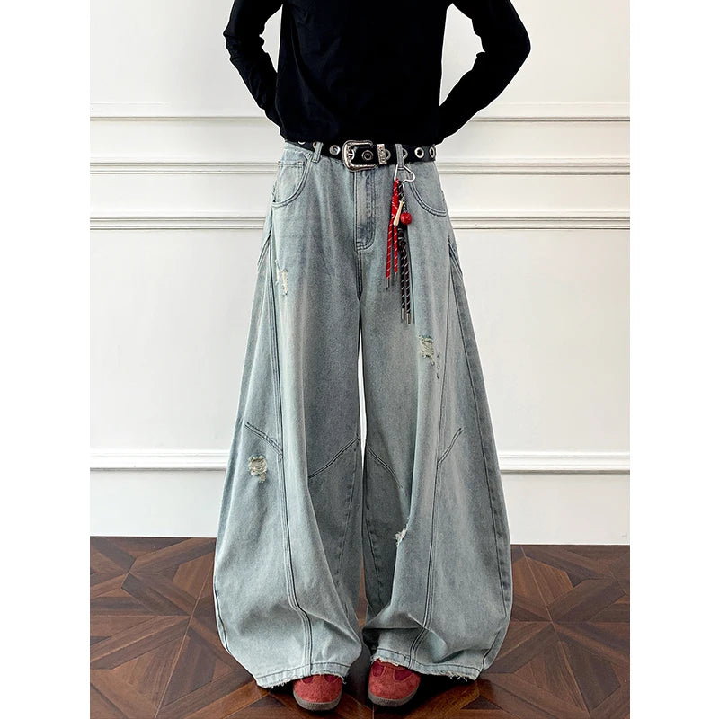 Loose Fit Jeans Men Baggy Wide Leg Denim Pants Patchwork Ripped Light Blue Wash Hip Hop Streetwear Fashion New 2025 autumn jeans