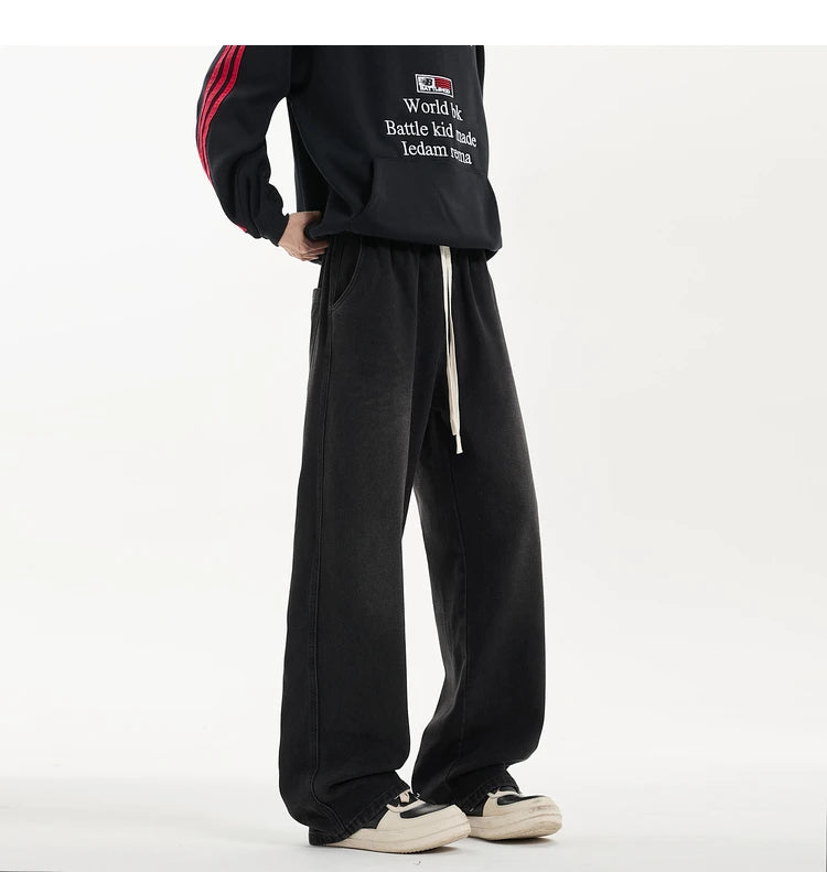 New Men's Jeans Washed Jeans Pants Unisex Drawstring Denim Pants Male Streetwear Korean Straight cylinder loose Cowboy Trousers