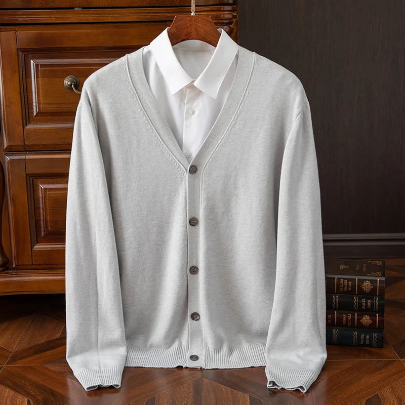 Autumn Winter V-neck Merino Wool Cardigan Men's Cashmere Knitwear Sweater Button Top Casual Basic Business Clothing Tops
