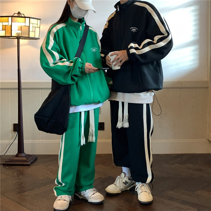 Stripe Sports Suit Men's Spring Autumn Casual Cardigan Sweatshirt Sweatpants Preppy Two-piece Set New Unisex Joggers Tracksuits