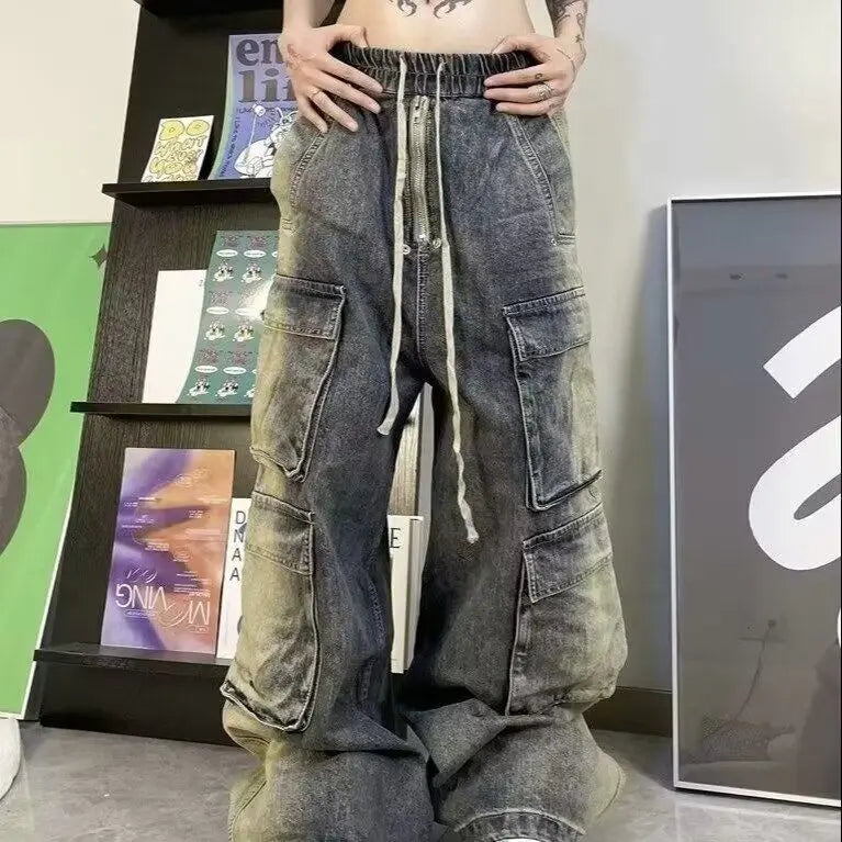 Street men and women trendy and personalized hip-hop straight leg washed gradient jeans for couples loose casual Harajuku pants