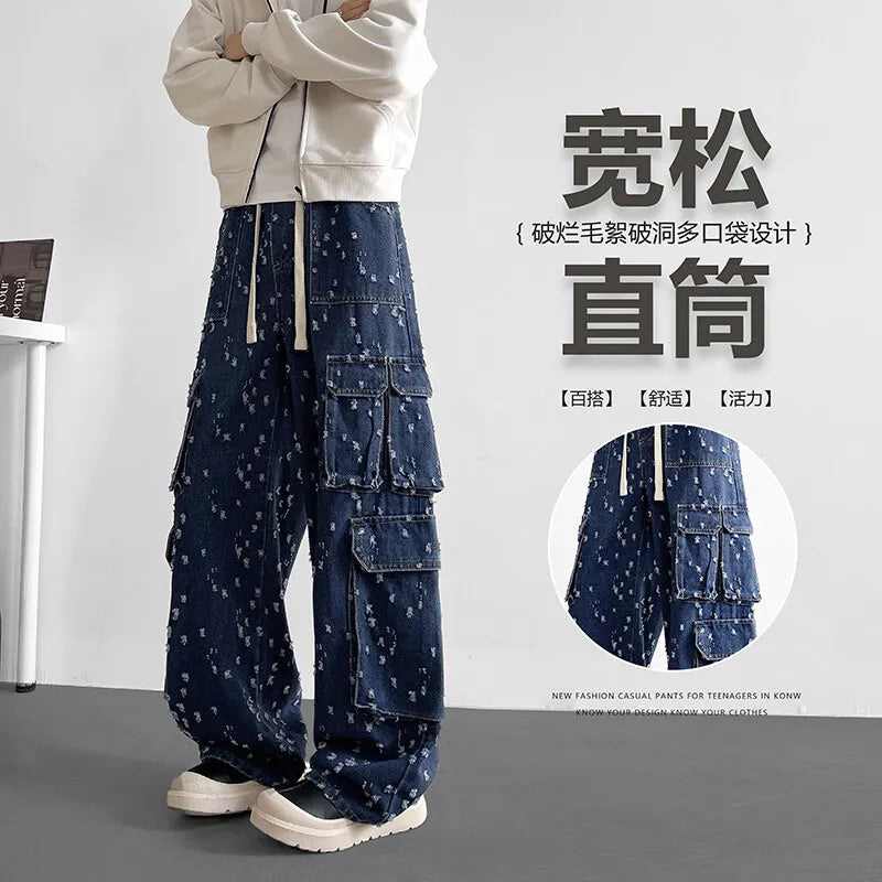 Cargo jean pants Men Wide Leg DenimLoose Straight Baggy Men's Jeans hip hop Streetwear Skateboard Neutral denim Trousers