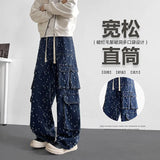 Cargo jean pants Men Wide Leg DenimLoose Straight Baggy Men's Jeans hip hop Streetwear Skateboard Neutral denim Trousers