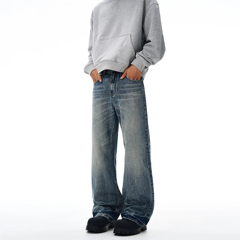 Vintage Wash Men's Loose Jeans American Cleanfit High Street Micro Flared Trousers Autumn Fashion Casual Wide-leg Denim Pants