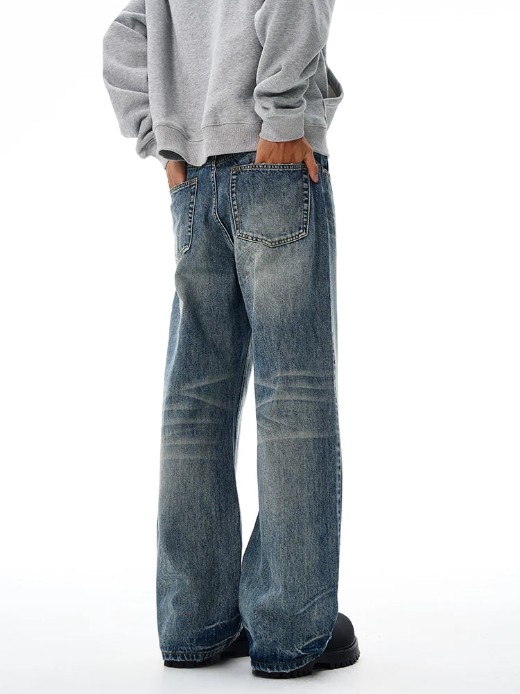Vintage Wash Men's Loose Jeans American Cleanfit High Street Micro Flared Trousers Autumn Fashion Casual Wide-leg Denim Pants