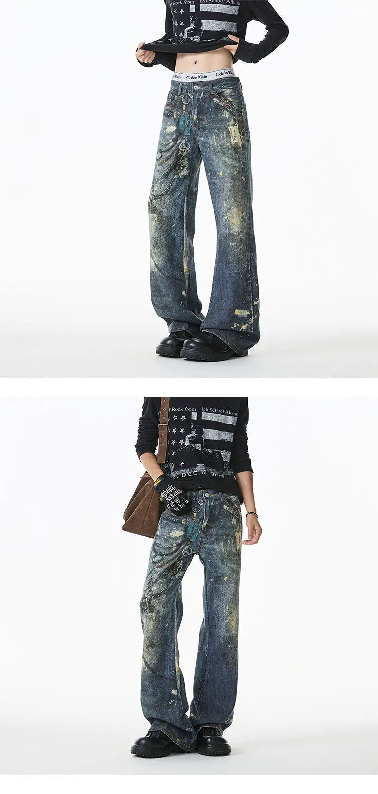 Jean Men Unique Design Graffiti Street Style Drag Jeans Urban Trendy Fashion Distressed Long Fit Casual Denim Pants Edgy Hip Hop