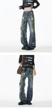Jean Men Unique Design Graffiti Street Style Drag Jeans Urban Trendy Fashion Distressed Long Fit Casual Denim Pants Edgy Hip Hop