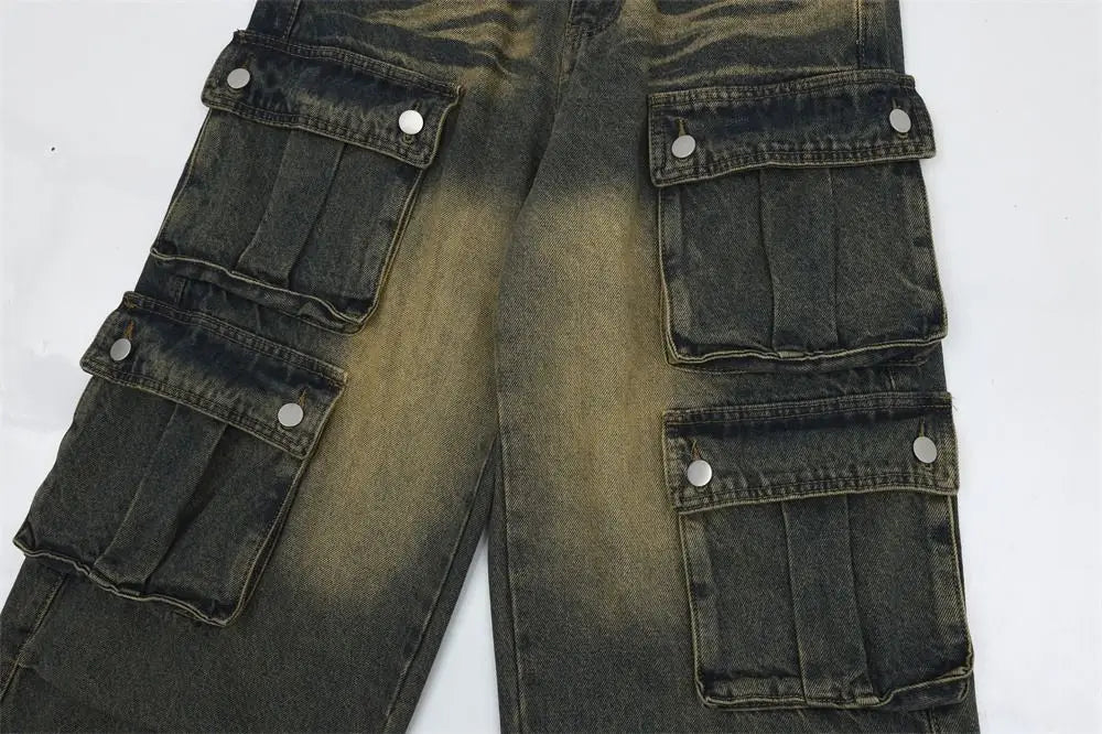 Spring and Autumn Trendy Street Personality Straight Tube Multi Pocket Work Clothes Jeans Couple Loose Retro Casual Pants y2k