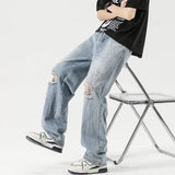 2025 Spring New Men's Ripped Jeans Baggy Straight Classic Light Blue Wide Leg Pants Elastic Waist Vintage Fashion Trousers Male