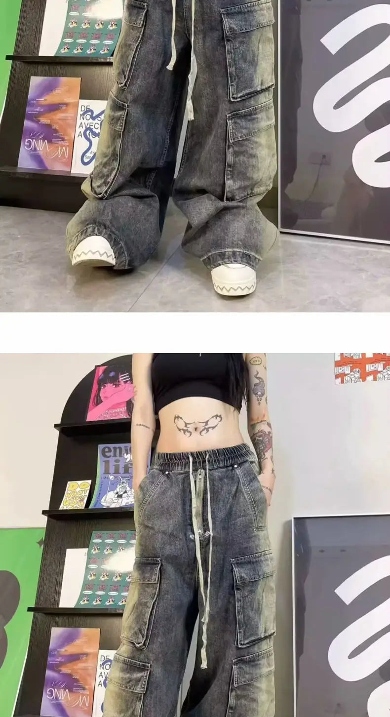 Street men and women trendy and personalized hip-hop straight leg washed gradient jeans for couples loose casual Harajuku pants