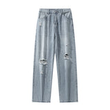 2025 Spring New Men's Ripped Jeans Baggy Straight Classic Light Blue Wide Leg Pants Elastic Waist Vintage Fashion Trousers Male