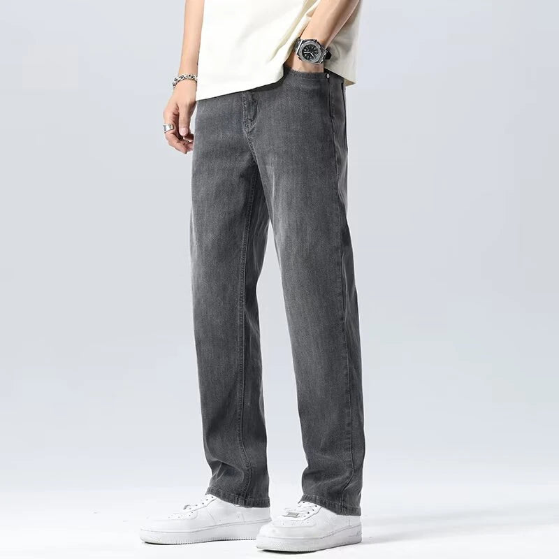 Men Comfortable Lyocell Fabric Thin Jeans Male Baggy Straight Leg Casual Denim Pants Trend Brand Daily Wide Leg Draping Trousers