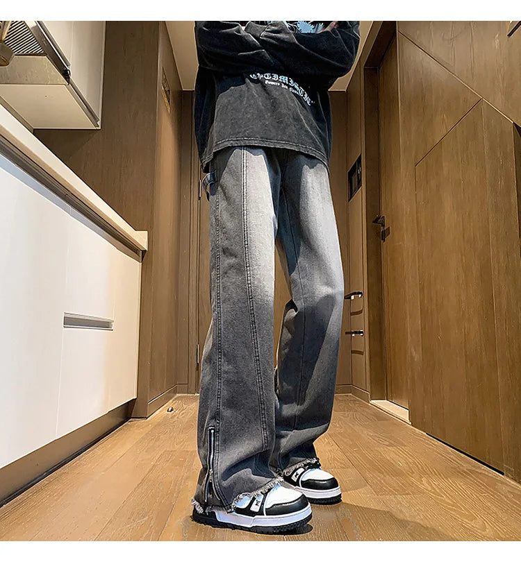 Autumn jeans men New Fashion Side Zipper Casual Jean Pants Men High Street Loose Straight Pant Mens Vintage All-match Trousers