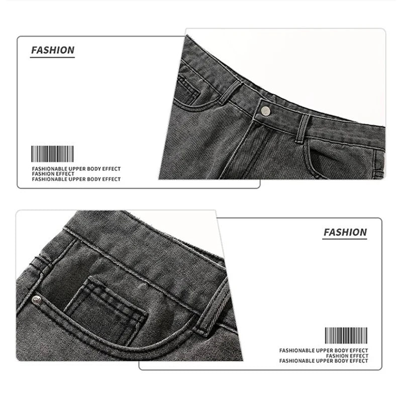 Korean Men's Jeans Classic Man Straight Denim Casual Wide Leg Pants Pockets Black Gray Black Baggy Jeans Casual Trousers