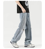 2025 Spring New Men's Ripped Jeans Baggy Straight Classic Light Blue Wide Leg Pants Elastic Waist Vintage Fashion Trousers Male