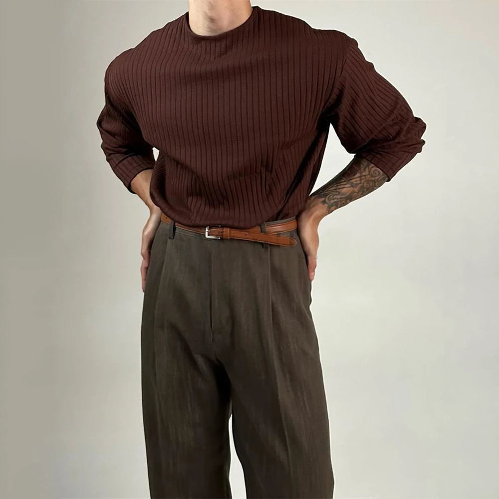 Mens Autumn Concave Convex Striped Off-Shoulder Long-Sleeved Knitted T-Shirt Gender-Neutral Casual Solid Color Loose Top Unisex