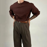 Mens Autumn Concave Convex Striped Off-Shoulder Long-Sleeved Knitted T-Shirt Gender-Neutral Casual Solid Color Loose Top Unisex