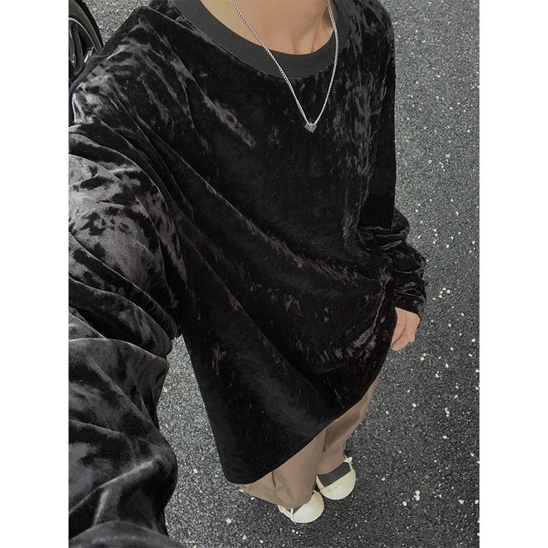 Velvet T Shirt Spring Autumn Simple Long Sleeve Tops Men's T-shirt O-neck Solid Tshirts T Shirt Men Tees Black/White