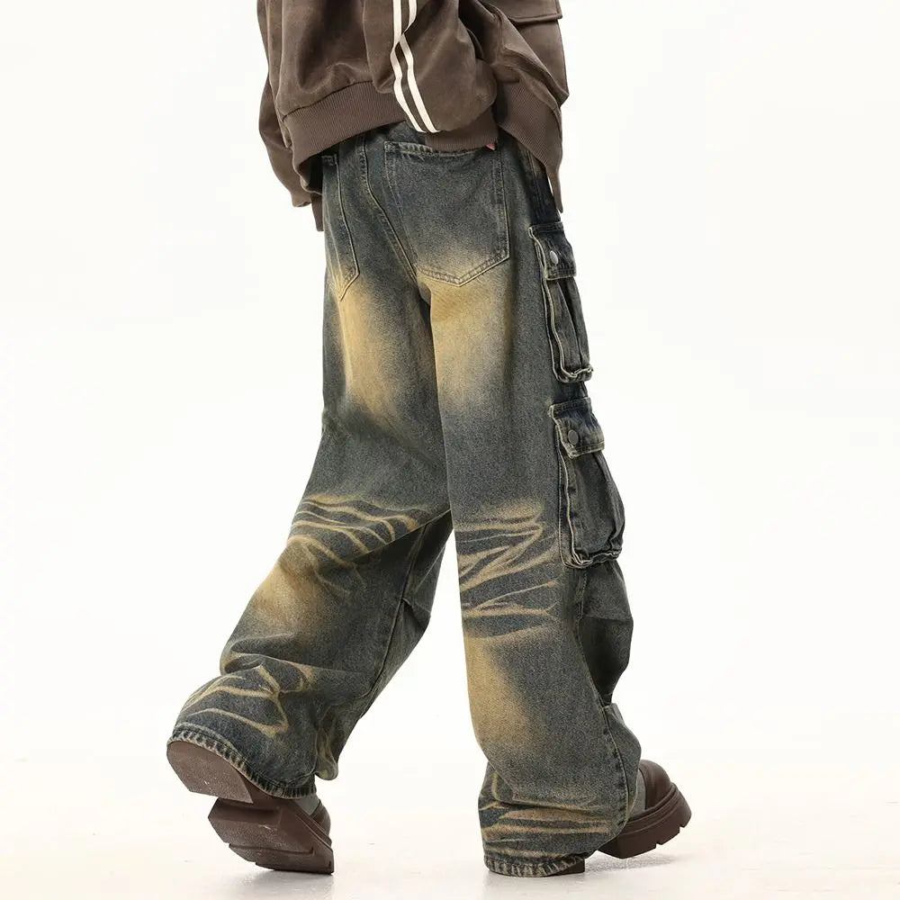 Spring and Autumn Trendy Street Personality Straight Tube Multi Pocket Work Clothes Jeans Couple Loose Retro Casual Pants y2k