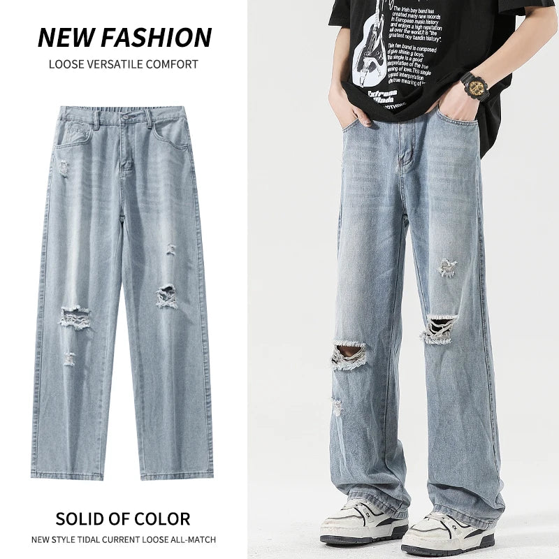 2025 Spring New Men's Ripped Jeans Baggy Straight Classic Light Blue Wide Leg Pants Elastic Waist Vintage Fashion Trousers Male