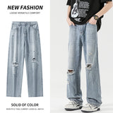 2025 Spring New Men's Ripped Jeans Baggy Straight Classic Light Blue Wide Leg Pants Elastic Waist Vintage Fashion Trousers Male