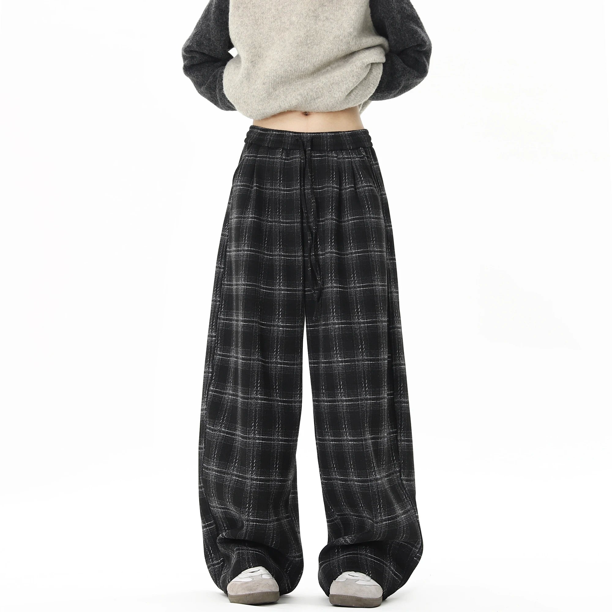 Winter Trendy Tartan Fleeced Plaid Casual Pants Men's Loose Straight Warm Long Pants Mopping Trousers For Men Black/Coffee