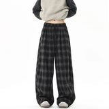 Winter Trendy Tartan Fleeced Plaid Casual Pants Men's Loose Straight Warm Long Pants Mopping Trousers For Men Black/Coffee