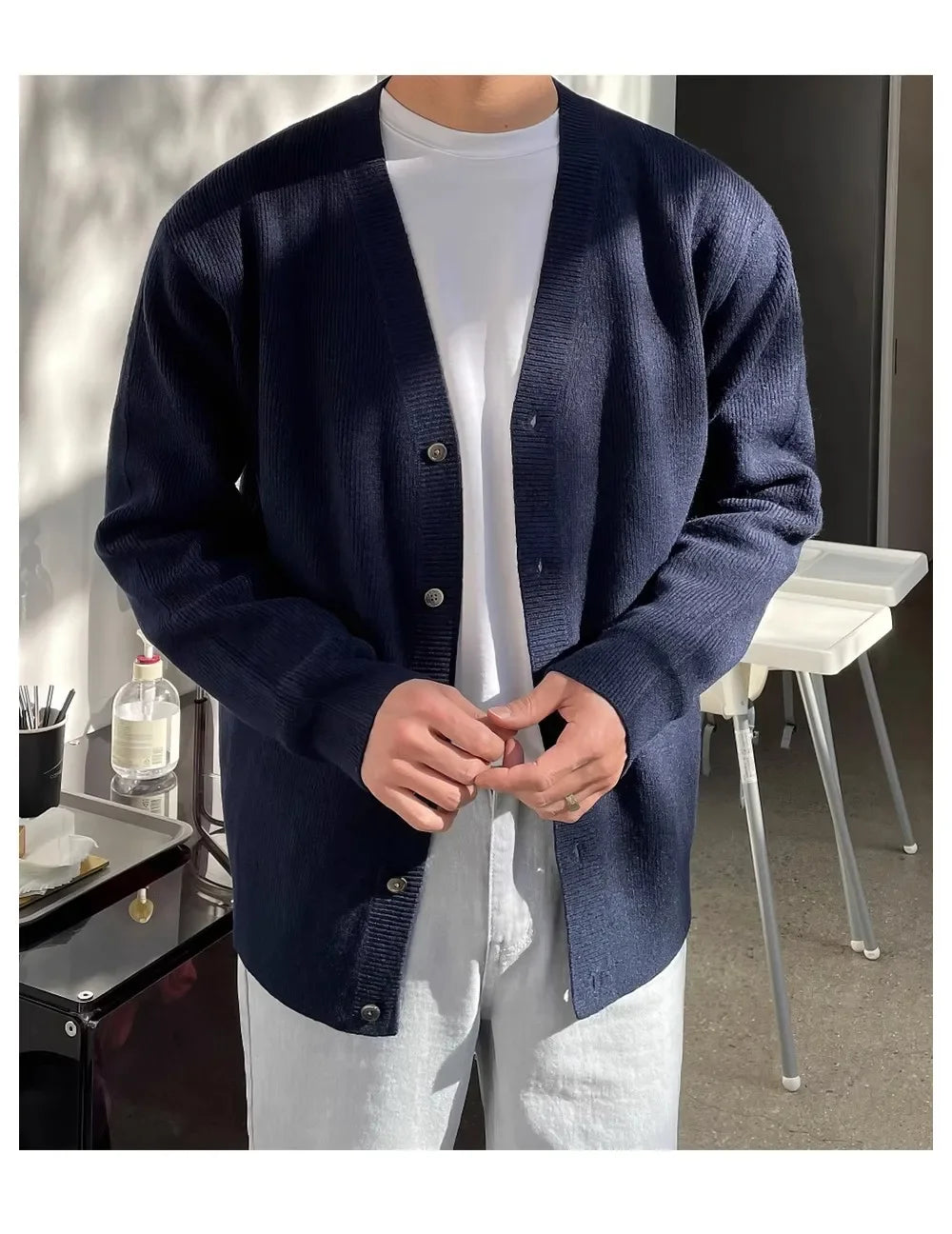 Fashionable V-Neck Knitwear Men's Loose Fit Solid Color Autumn New Style Casual Versatile Open Cardigan Sweater Jacket