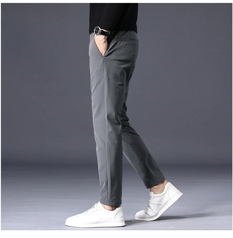 Winter Warm Fleece Men's Business Casual Pants Stretch Slim Fashion Korean Thermal Trousers Classic Simple Male Plush Clothes
