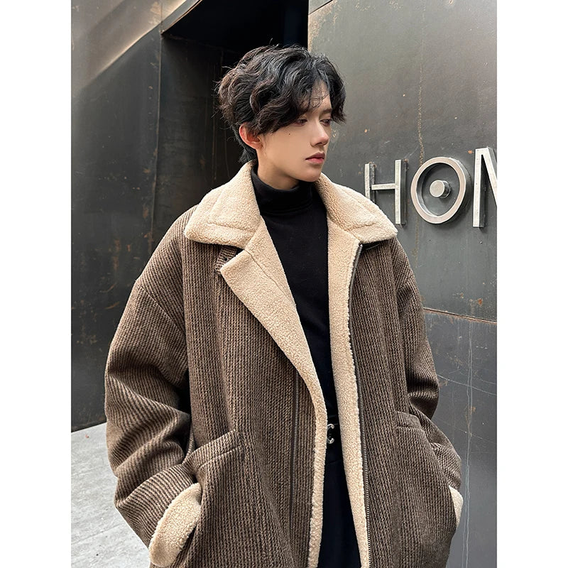Men Winter Berber Fleece Jacket Parka Coat Mens Multi-pockets Stand Collar Casual Thick Warm Jacket Man Khaki/Dark Gray