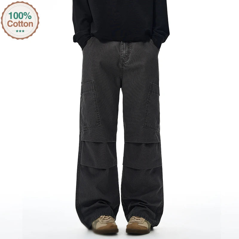 American Loose Straight Cargo Pants Men's Fashion Streetwear 100% Cotton Vintage Large Pocket Loose Casual Wide-leg Trousers