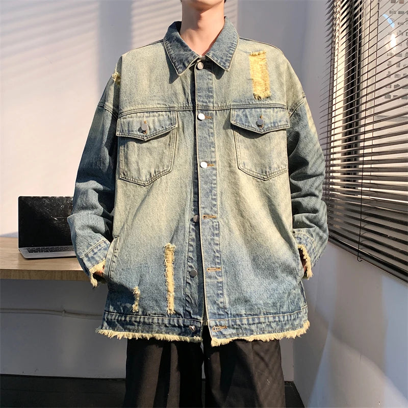 Denim Jackets Men Washed Distressed Raw Edge Hole Autumn Turn-down Collar American Style High Street Retro Baggy Males Overcoats