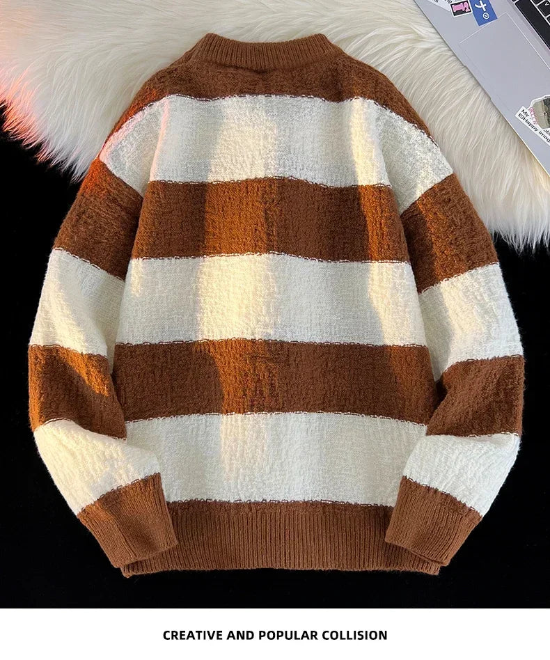 Men's New Black and White Striped Sweater Men's Autumn and Winter Loose Pullover Casual Top Men's Homestay Casual Warmth