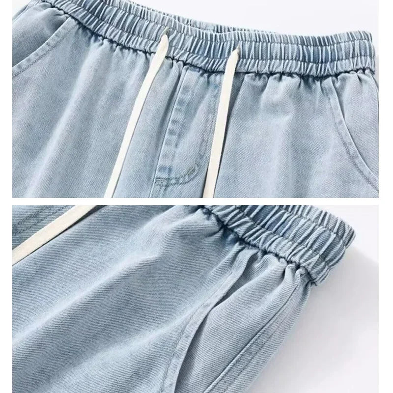 Men Casual Denim Shorts Male Comfortable Elastic Waist Straight Leg New Soft Short Pants Light Blue Loose Baggy Wide Leg Jeans