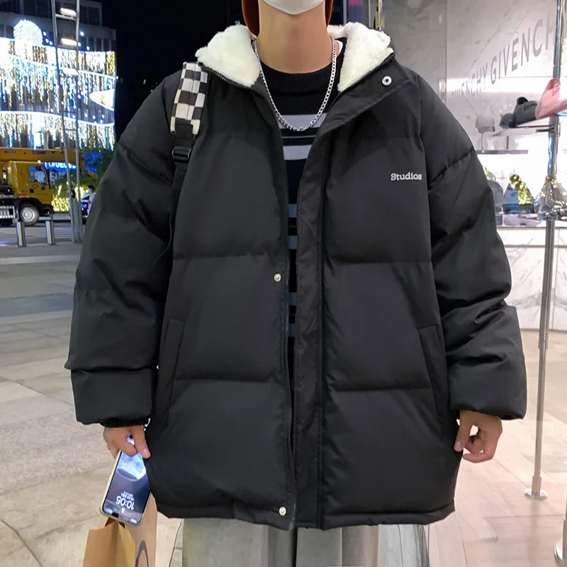 Winter Mens Hooded Parkas Quilted Jackets Man Woolly Lining Windbreaker Outerwear Warm Clothes Cotton Padded Coat Black Blue