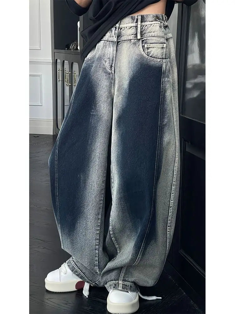 Hip hop fashion street spring men and women fashion personality washed curved knife jeans couple loose retro wide leg pants y2k