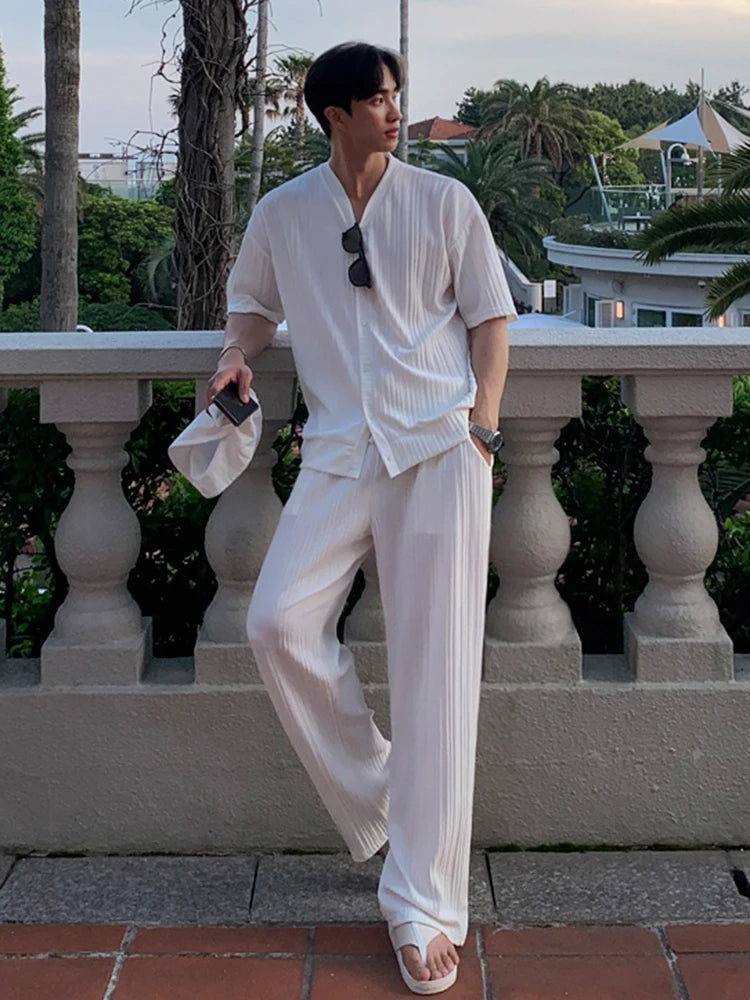 Korean Lazy Style V-neck Cardigan Short-sleeved T-shirt Men's Summer Straight Floor Pants Comfortable Casual Sports Joggers Set