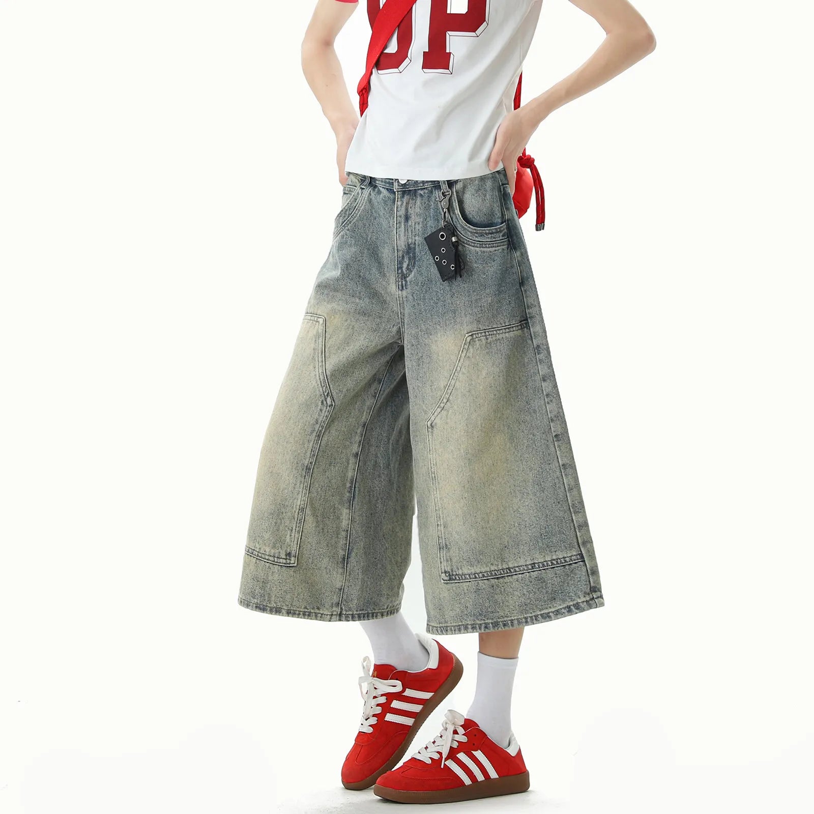 Jeans Men Washed Denim Cropped Pants Patchwork Design Summer Cool Wide Leg Breathable Jeans Casual Fashion Lightweight Trendy