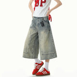 Jeans Men Washed Denim Cropped Pants Patchwork Design Summer Cool Wide Leg Breathable Jeans Casual Fashion Lightweight Trendy