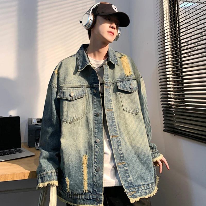 Denim Jackets Men Washed Distressed Raw Edge Hole Autumn Turn-down Collar American Style High Street Retro Baggy Males Overcoats