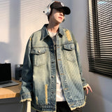 Denim Jackets Men Washed Distressed Raw Edge Hole Autumn Turn-down Collar American Style High Street Retro Baggy Males Overcoats