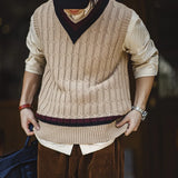 Retro Ivy Knit V-Neck Sweaters Vest Color-Block Sleeveless Classic Versatile Men's Khaki Tops with Preppy Style for Autumn